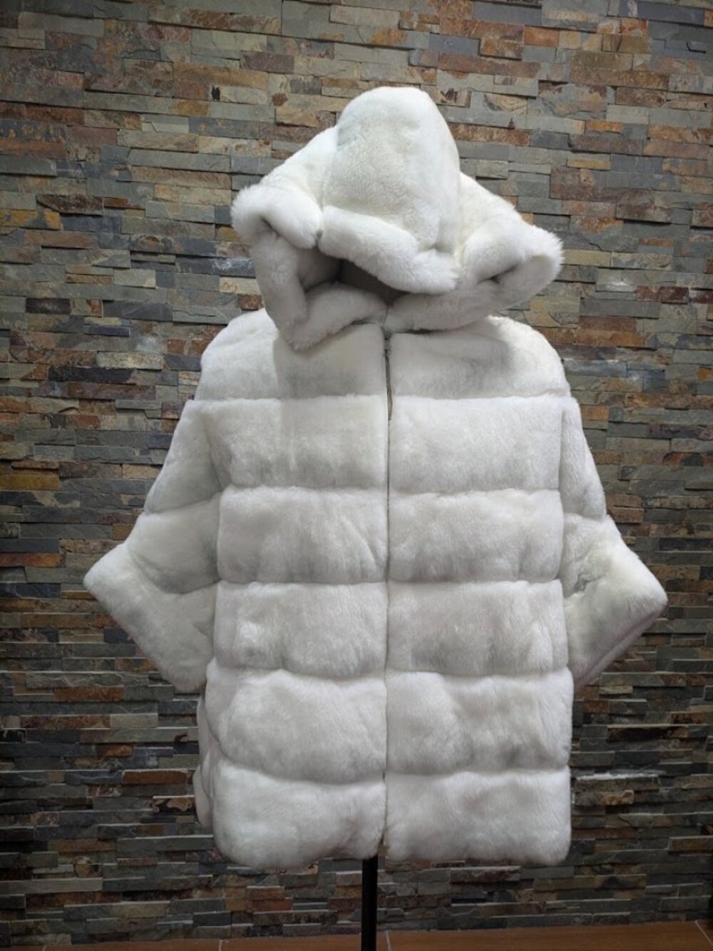 NEW NWT Grey and White Chinchilla Rex Rabbit Parka with Hood, Real Genuine Fur